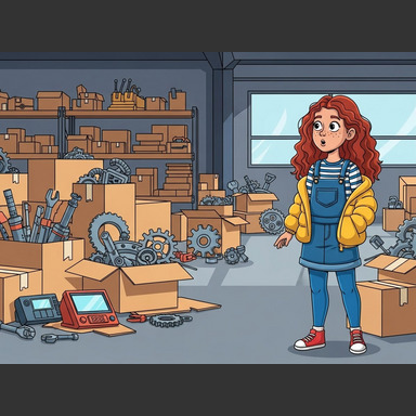 That night, Marie had a weird dream. She was in a huge warehouse, cluttered with all kinds of boxes and gadgets.
